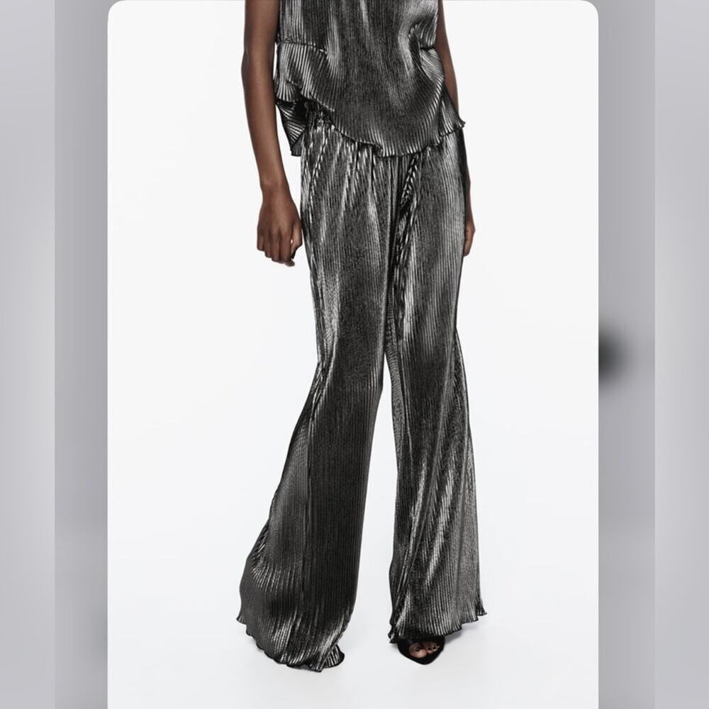 Zara Metallic Pleated Wide-Leg Pants in Silver